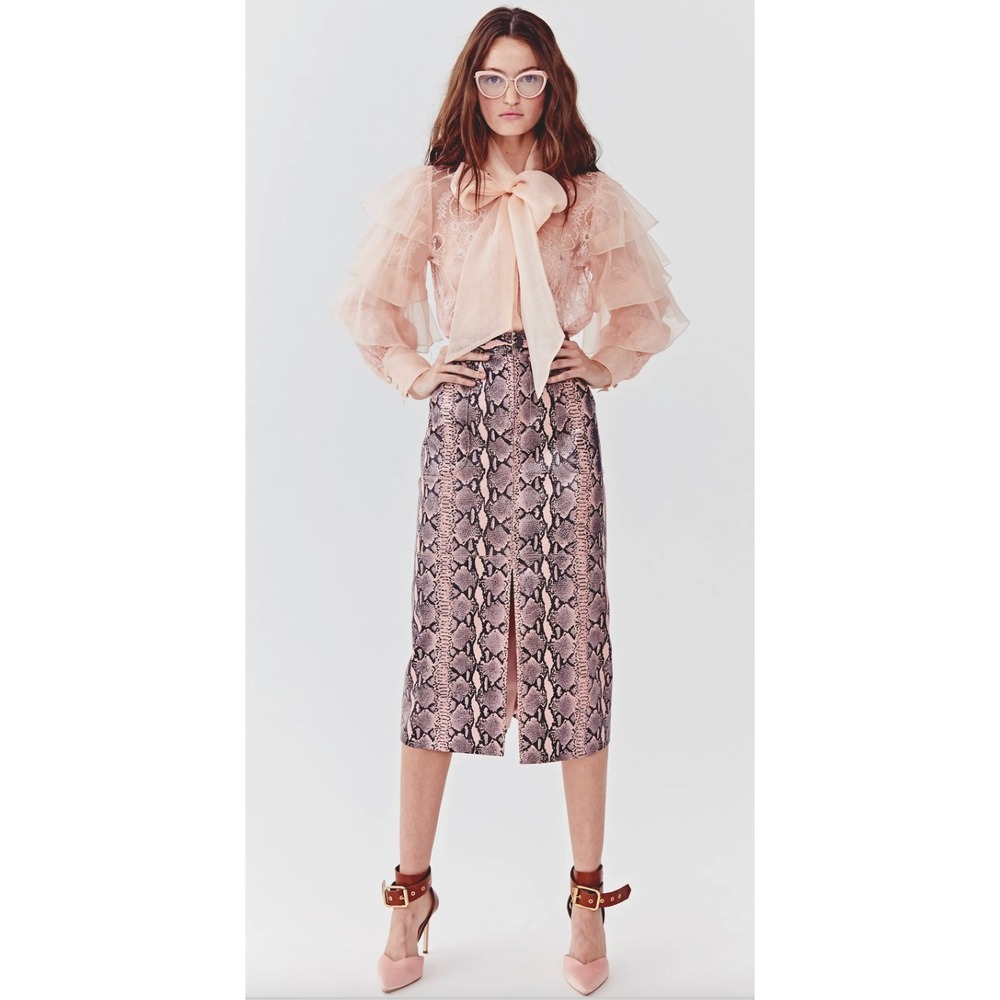 Alice + Olivia Romi Snake Print Lamb Leather Midi Skirt Front Slit Blush Pink